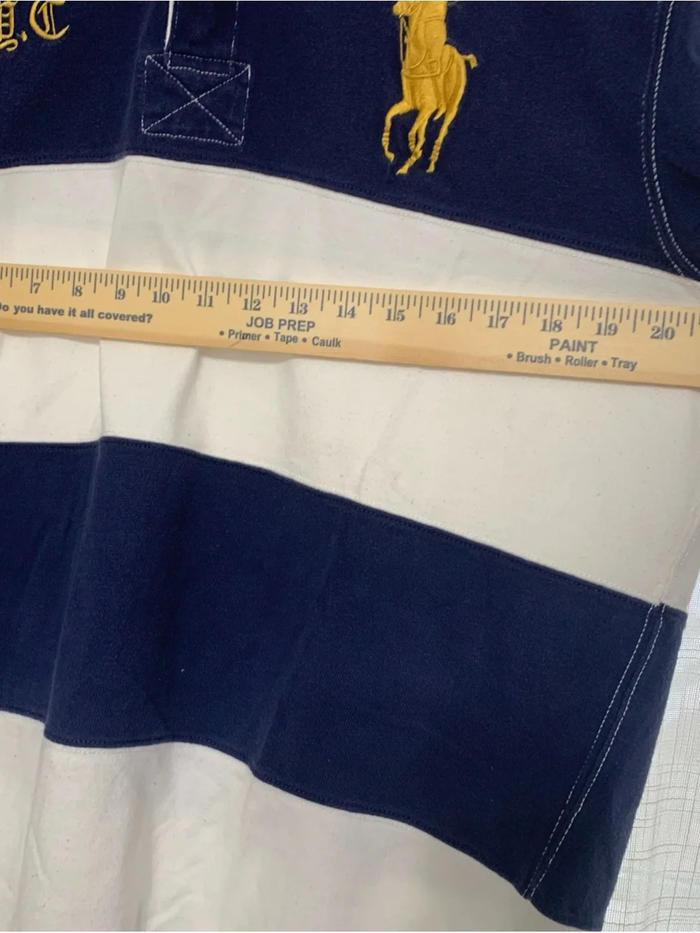 Ralph Lauren Men's Navy and White Striped Rugby Polo with Gold Pony Oversized